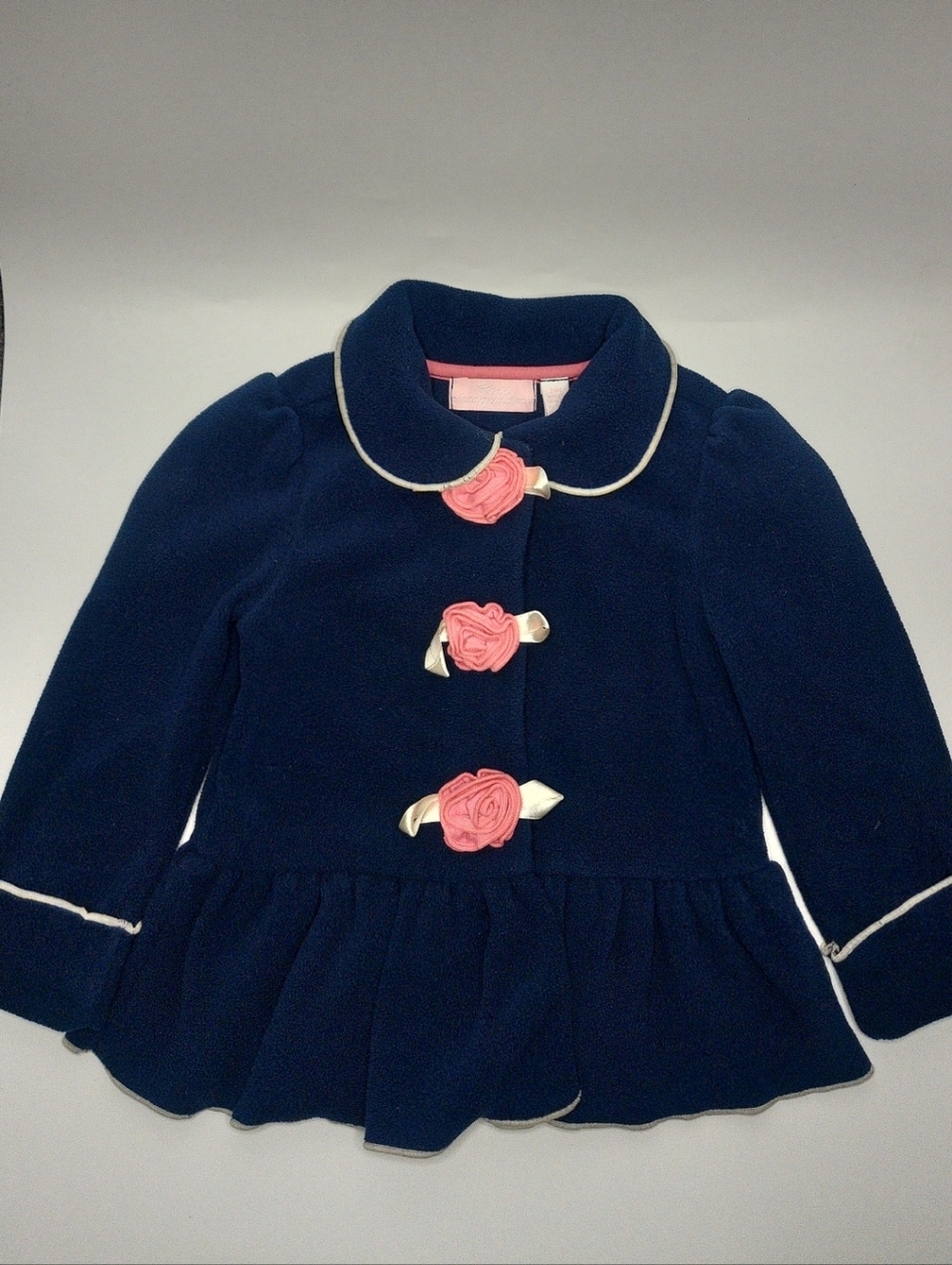 Kids Headquarters Navy Peplum Coat with Pink Rosette Buttons